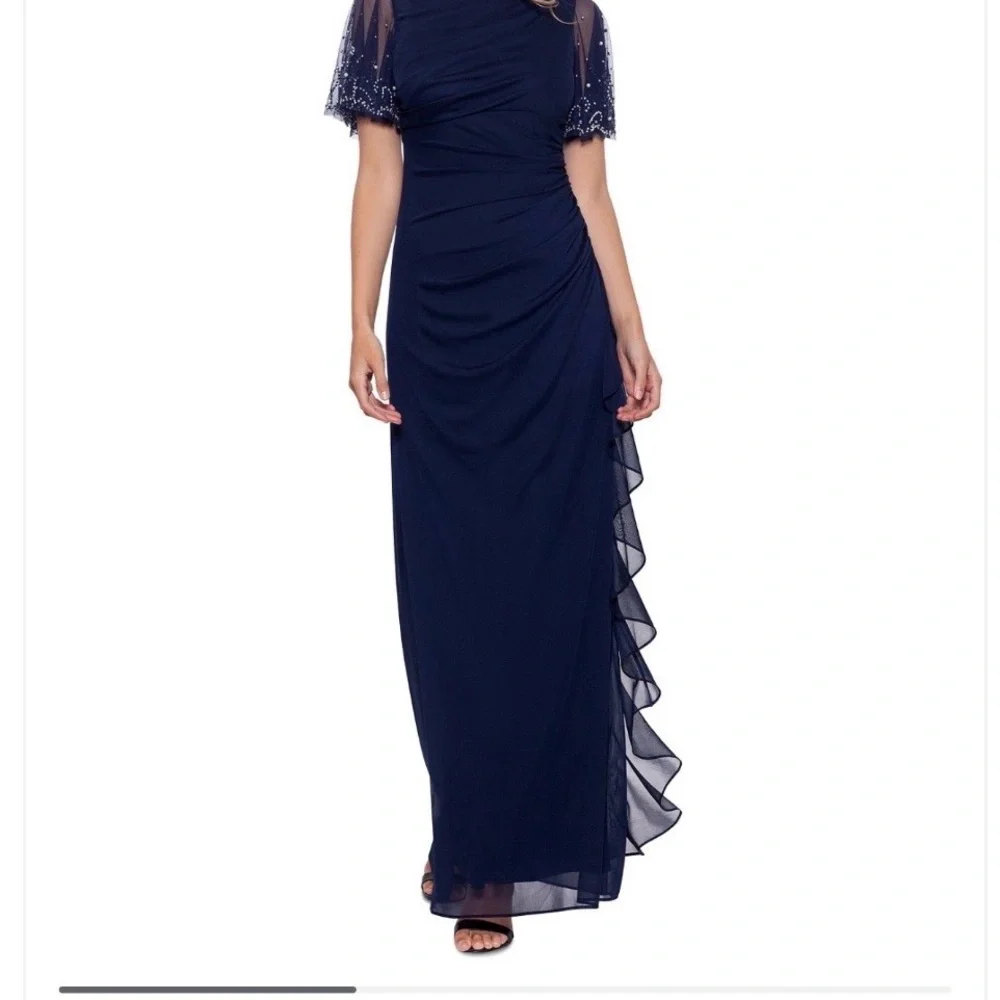 Betsy & Adam Navy Beaded Sleeve Maxi Gown - Picture 1 of 7